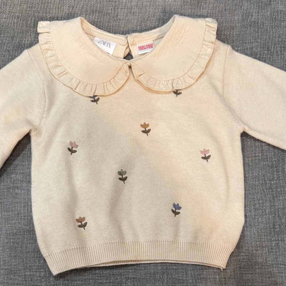Zara girls’s Embroidered Flower Ruffle Collar Sweater - Cream